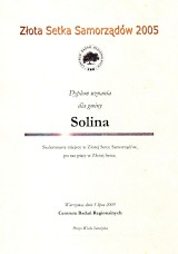 Dyplom uznania dla Gminy Solina Siedemnaste miejsce w Zotej Setce Samorzdw, po raz pity
w Zotej Setce 2005
